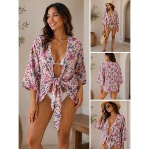 Shade Floral Print Cotton Tie‎ Front Swim Cover Up Kimono Cardigan Pink One Size